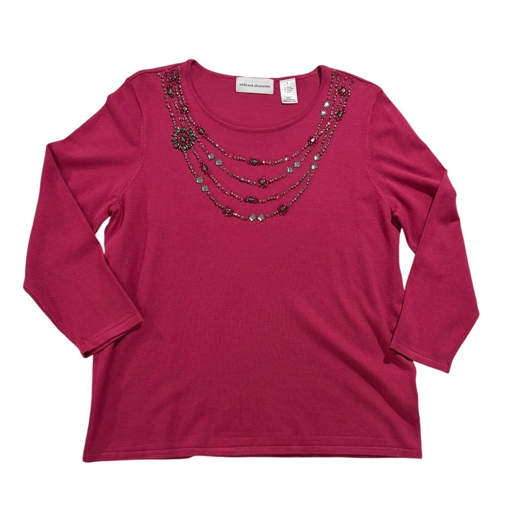 Y2K Alfred Dunner Raspberry Embellished Sweater Top Beaded Knit Size Small NWT